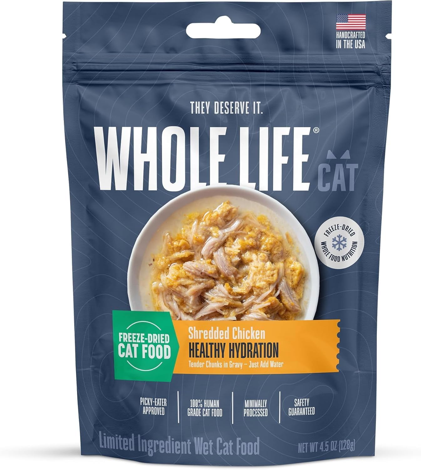 Whole Life Cat Freeze Dried Cat Food - Human-Grade Wet Food Toppers, Single Ingredient Snack & Lickable Treats, Instantly Hydrating Natural Broth Just Add Water, Made in USA - Shredded Chicken, 4.5 Oz