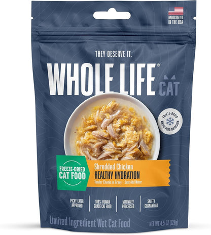 Whole Life Cat Freeze Dried Cat Food - Human-Grade Wet Food Toppers, Single Ingredient Snack & Lickable Treats, Instantly Hydrating Natural Broth Just Add Water, Made in USA - Shredded Chicken, 4.5 Oz