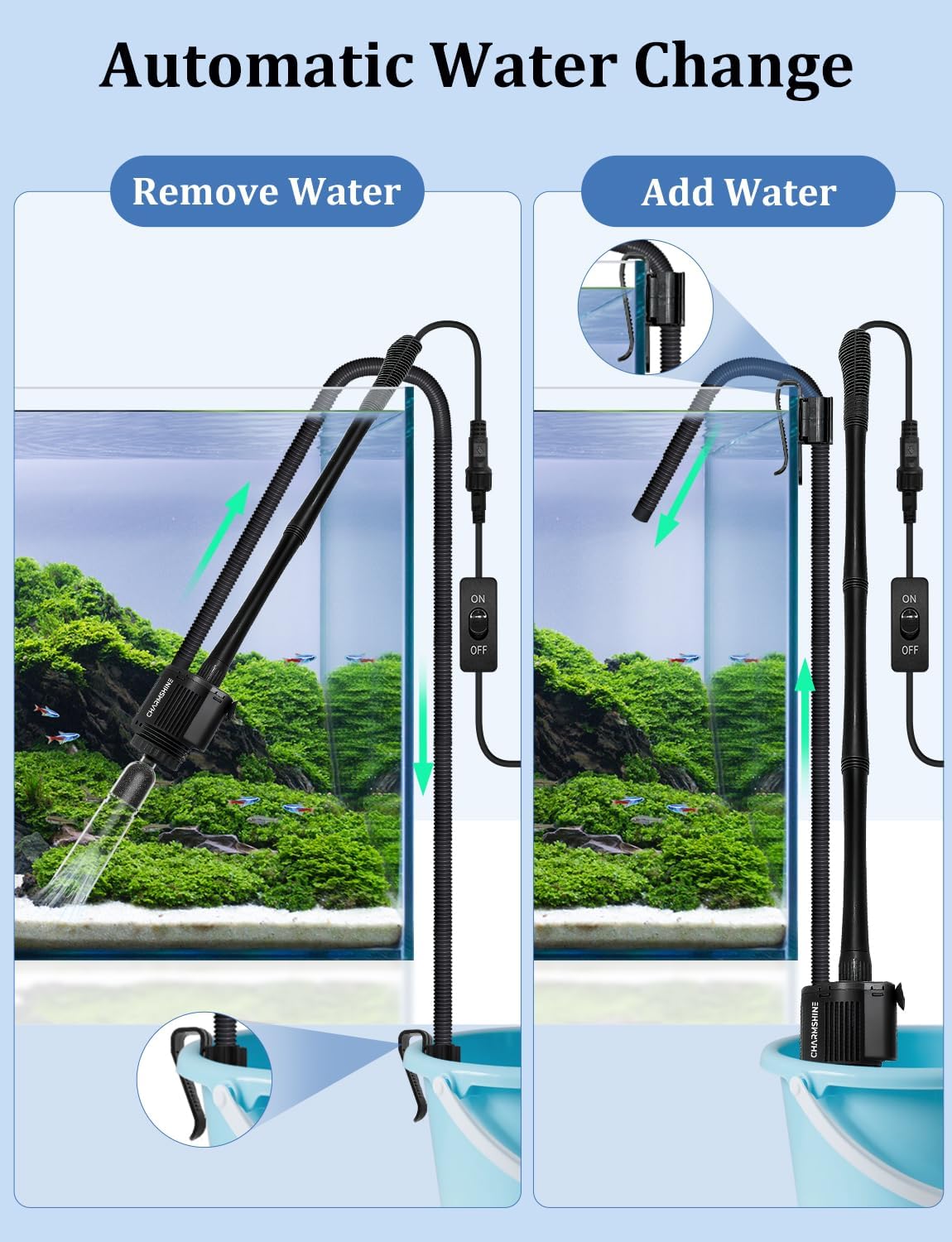 Electric Aquarium Gravel Cleaner [2025Edition] Removable Fish Tank Vacuum Water Changer Gravel Cleaner for Aquarium Freshwater Saltwater Tanks (with Filter Cup and Hose Clamp)