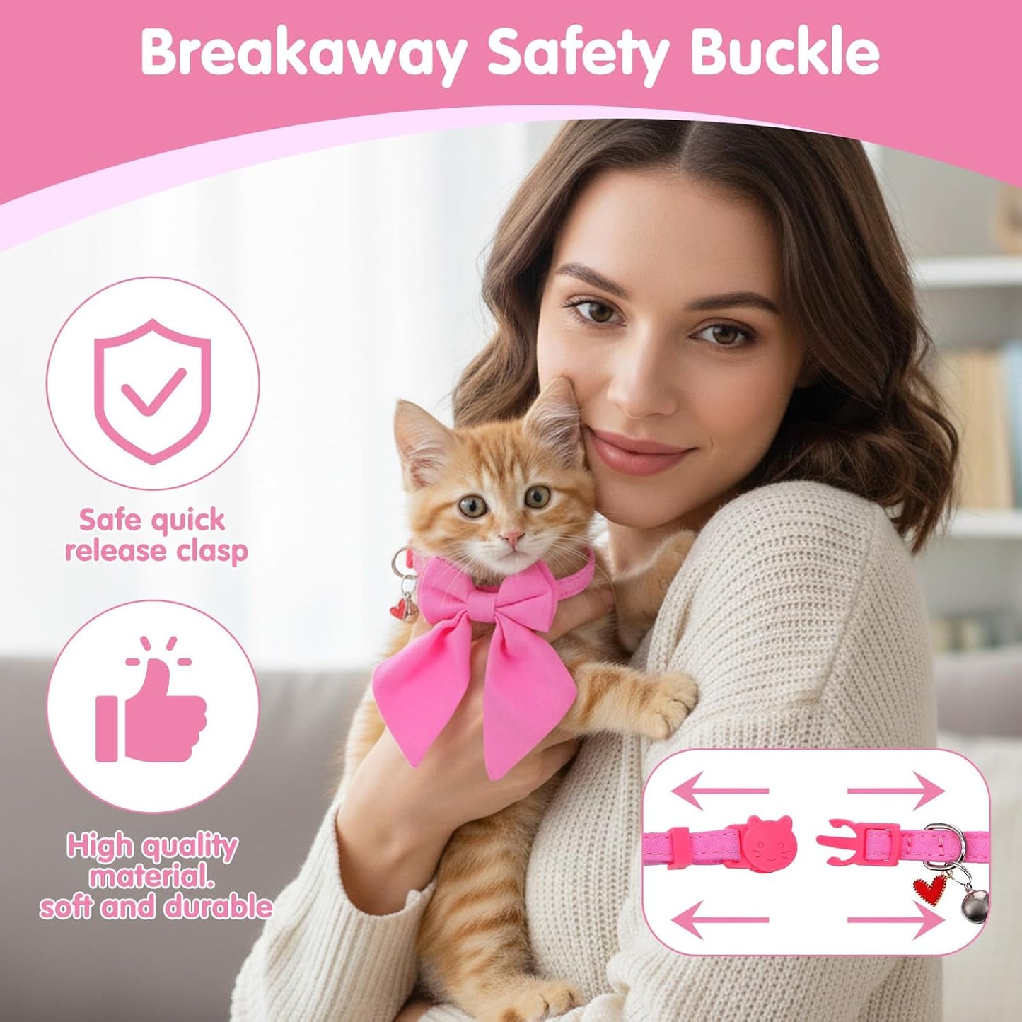 2 Pack Pink Cat Collar with Bow, Cute Cat Collar Breakaway with Bells, Pink Bowtie for Girl Cats, Cute Small Kitten Collars with Removable Safety Bowtie