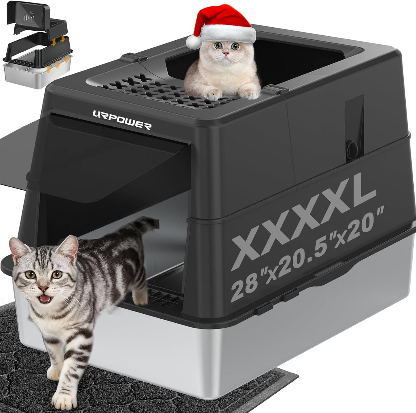 URPOWER XXXXL Stainless Steel Cat Litter Box with Lid 110° Flip-Top Extra Large Enclosed Litter Box Non-Sticky Metal Pan with High Sided & Scoop, Front & Top Entry, Anti-Leakage, Easy Cleaning