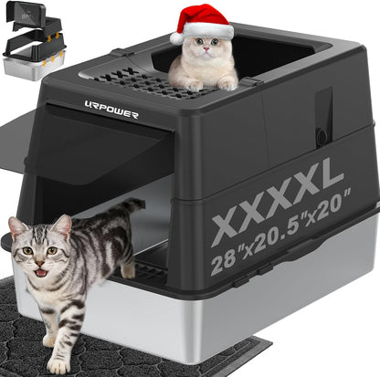 URPOWER XXXXL Stainless Steel Cat Litter Box with Lid 110° Flip-Top Extra Large Enclosed Litter Box Non-Sticky Metal Pan with High Sided & Scoop, Front & Top Entry, Anti-Leakage, Easy Cleaning