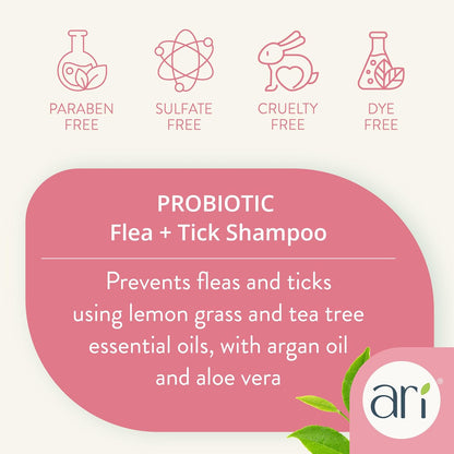 Ari Probiotic Flea & Tick Shampoo for Dogs (16 oz) – Natural Control with Tea Tree & Lemongrass – pH-Balanced, Soothes Itchy Skin, Sulfate-Free