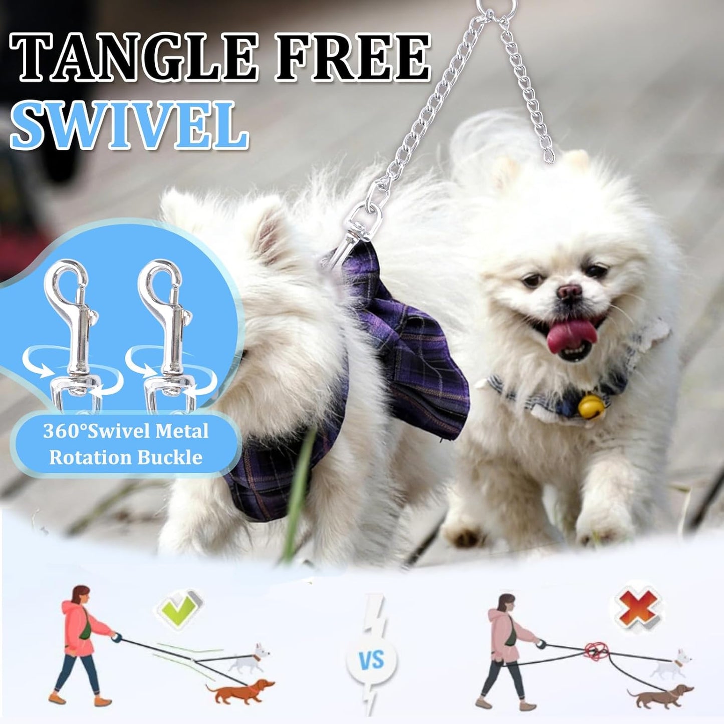 Double Dog Leash Coupler-360°Swivel,1 PCS No Tangle Walking Metal Leash with Shock Absorbing Bungee for Outdoor Walk Train Small Medium Pet(50cm/19.69in,Silver)