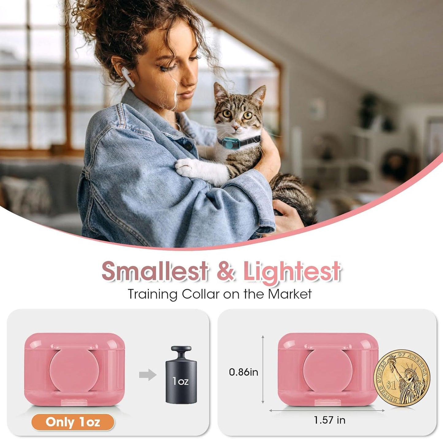 Cat Shock Collar Smallest Cat Training Collar with Remote 2000ft Range Electric Cats Bark Collar with Shock, Vibration, Beep 3 Modes to Stop Meowing, Waterproof, Rechargeable,Pink