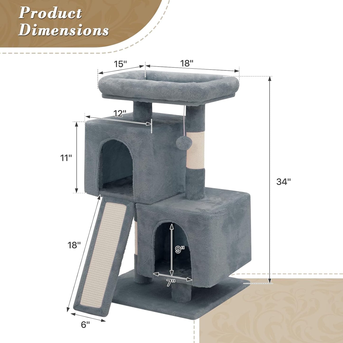 Athena Collection Small Cat Tree, Modern 34 Inch Cute Cat Tree Tower with Scratching Post 2 Condo Activity Platform and Playing Ball for Indoor, Light Grey