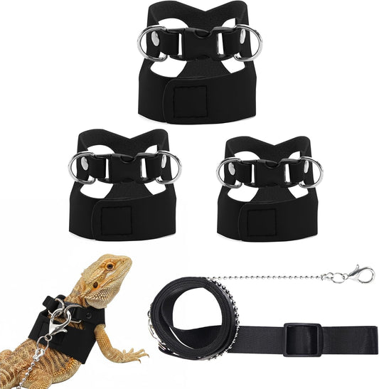 3 Pack Bearded Dragon Leash and Harness Set for Small Animals, 6.5FT Leash with 3 Sizes Adjustable Harness for Lizard Walking Adventure, Soft Vest Clothes for Squirrel Reptile Lovers -Black