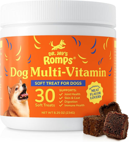 Dr Jay's Romps Multivitamins Dog Chews - Collagen Type II for Joint Health, Digestion, Skin & Coat - Vitamins and Supplements to Boost Immune System - Perfect Treats for Pets - 30 Count
