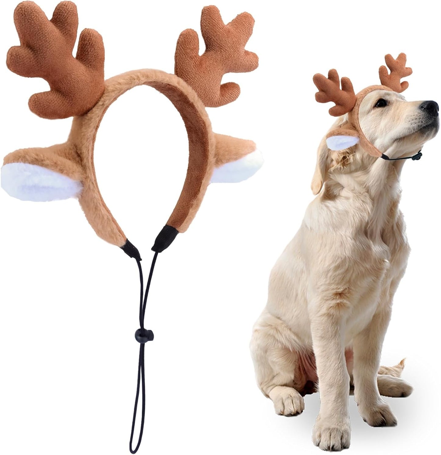 Beviliu Dog Reindeer Antlers Headband, Brown Dog Christmas Antlers Costume for Medium Large Dogs Fluffy Elastic Pet Costume, Adjustable Deer Antlers for Dogs & Cats Halloween Party Birthday