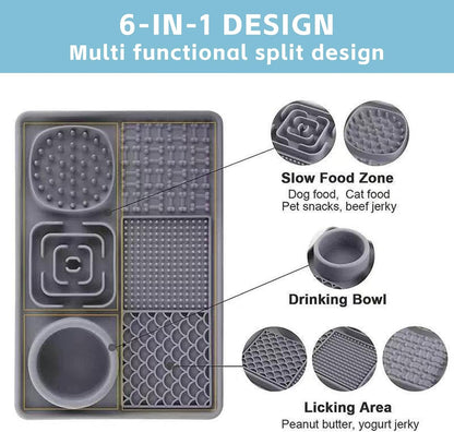 Pet Slow Feeder Licking Mat, 6-in-1 Multifunctional Bowl for Dogs & Cats, Food-Grade Silicone, Non-Slip Suction Cup，for Small & Medium Breeds (Blue)