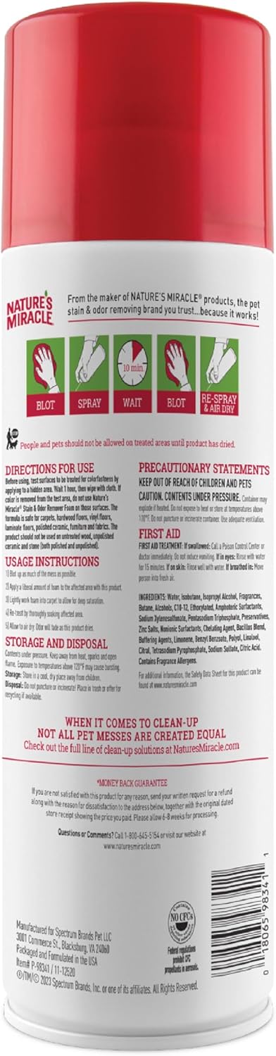 Nature’s Miracle Advanced Stain and Odor Eliminator Foam Cat 17.5 Ounces, for Severe Cat Messes, Aerosol