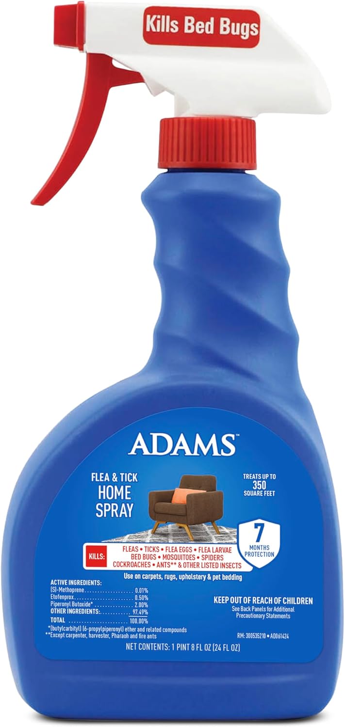 ADAMS Flea & Tick Home Spray, Kills Fleas, Flea Eggs, Flea Larvae, Bed Bugs, Ticks, Ants (Except Carpenter, Harvester, Pharaoh & Fire Ants), Cockroaches, Spiders, & Mosquitoes In The Home, 24 Fl Oz