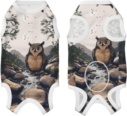 A Huge owl Dog Surgery Suit Recovery Suit, 100% Cotton Breathable Full Body Dog & Cat Surgical Suit with Cute Prints, Alternative to Cone for Spay Neuter Wound Care, Male & Female Pets Medium