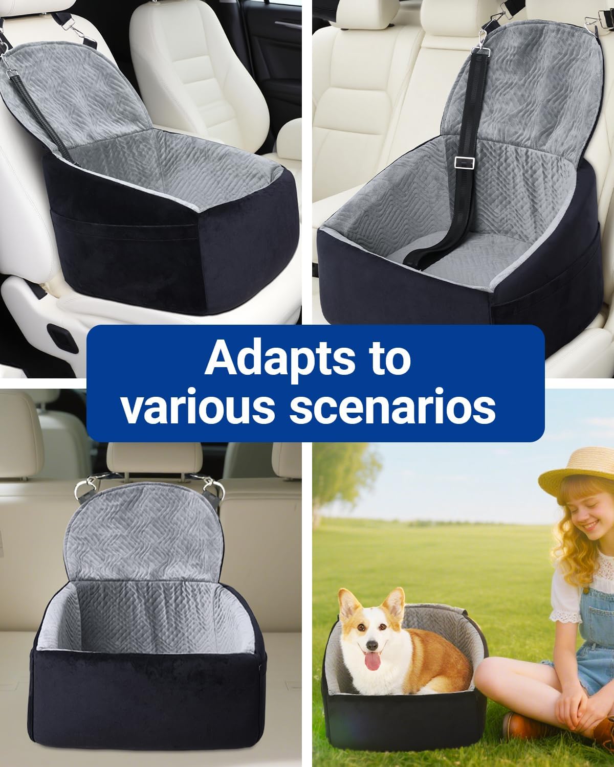 Dog Car Seat for Small Dogs, Pet Booster Seat with Extendable Backrest, Pet Car Seats up to 30 lbs, Washable Removable Cover Travel Bed with Storage Pockets and 2 Safety Leashes, Black&Grey