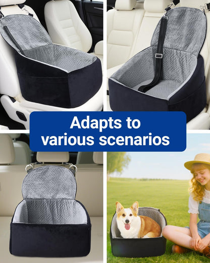 Dog Car Seat for Small Dogs, Pet Booster Seat with Extendable Backrest, Pet Car Seats up to 30 lbs, Washable Removable Cover Travel Bed with Storage Pockets and 2 Safety Leashes, Black&Grey