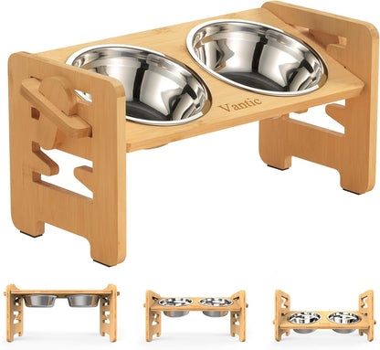 Vantic Elevated Dog Bowls, Adjustable Raised Dog Bowl Stand for Small Puppy and Cats, Sturdy Bamboo Pet Food Feeder with 2 Stainless Steel Dishes, Natural