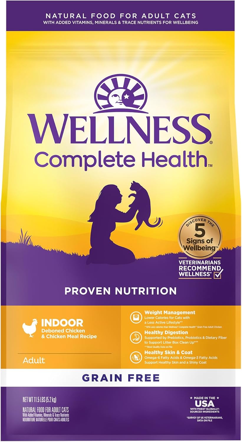 Wellness Complete Health Adult Dry Cat Food for Indoor Cats, Grain Free, Natural, Chicken & Chicken Meal (11.5 Pound Bag)
