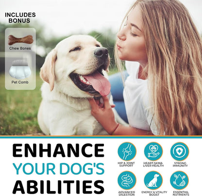 24-in-1 Dog Multivitamin Supplement with Gifted Chew Bone & Pet Comb, 210 Calming Chews, Dog Vitamins with Chondroitin & Probiotics, Hip & Joint, Immune Support, Beef Flavor