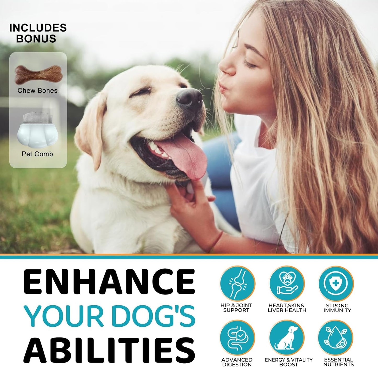 24-in-1 Dog Multivitamin Supplement with Gifted Chew Bone & Pet Comb, 210 Calming Chews, Dog Vitamins with Chondroitin & Probiotics, Hip & Joint, Immune Support, Beef Flavor