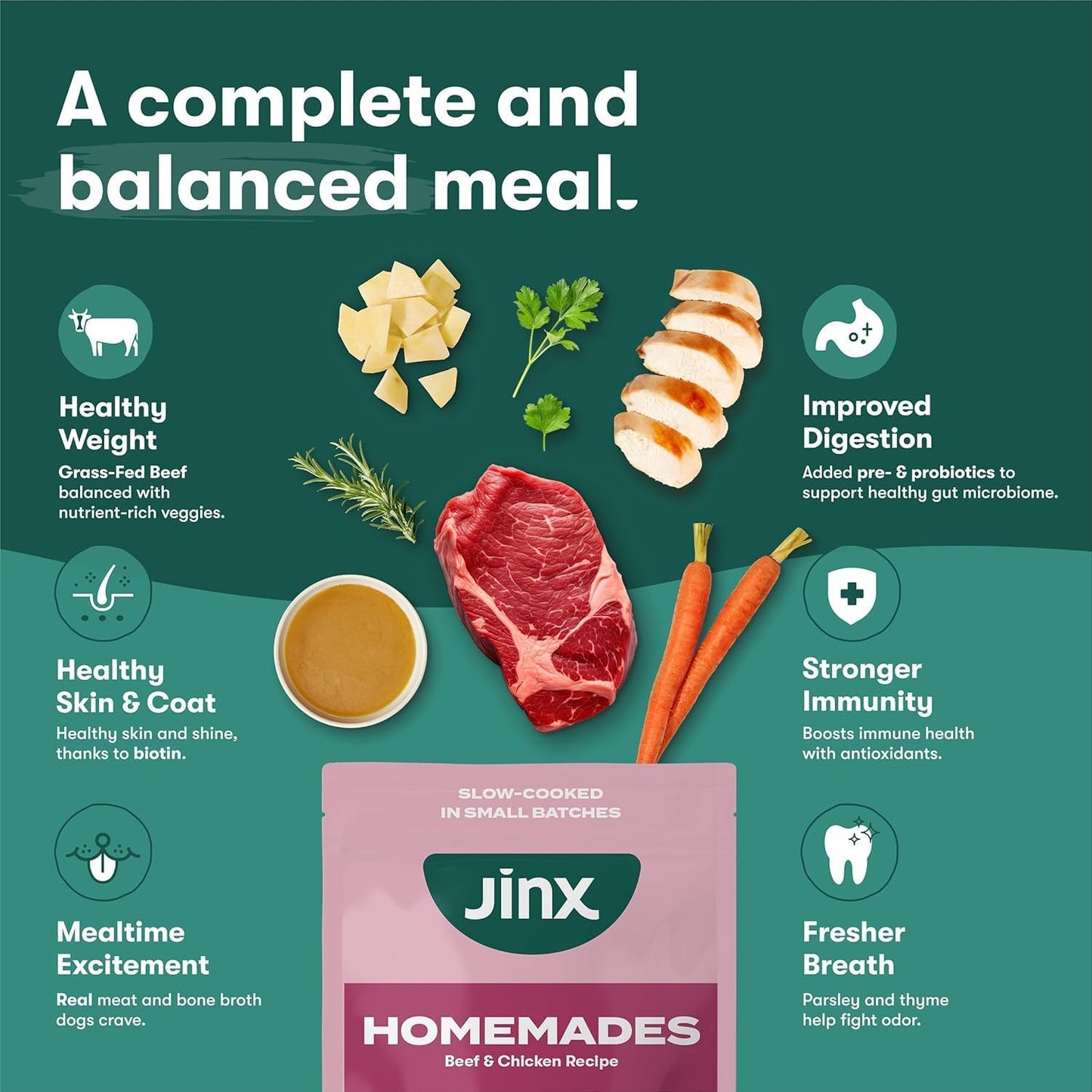 Jinx Premium Dog Food Bundle, Beef - 4lb Grain-Free Dry Dog Food, Kibble Sauce & Homemades Wet Food Pouches (9-oz)