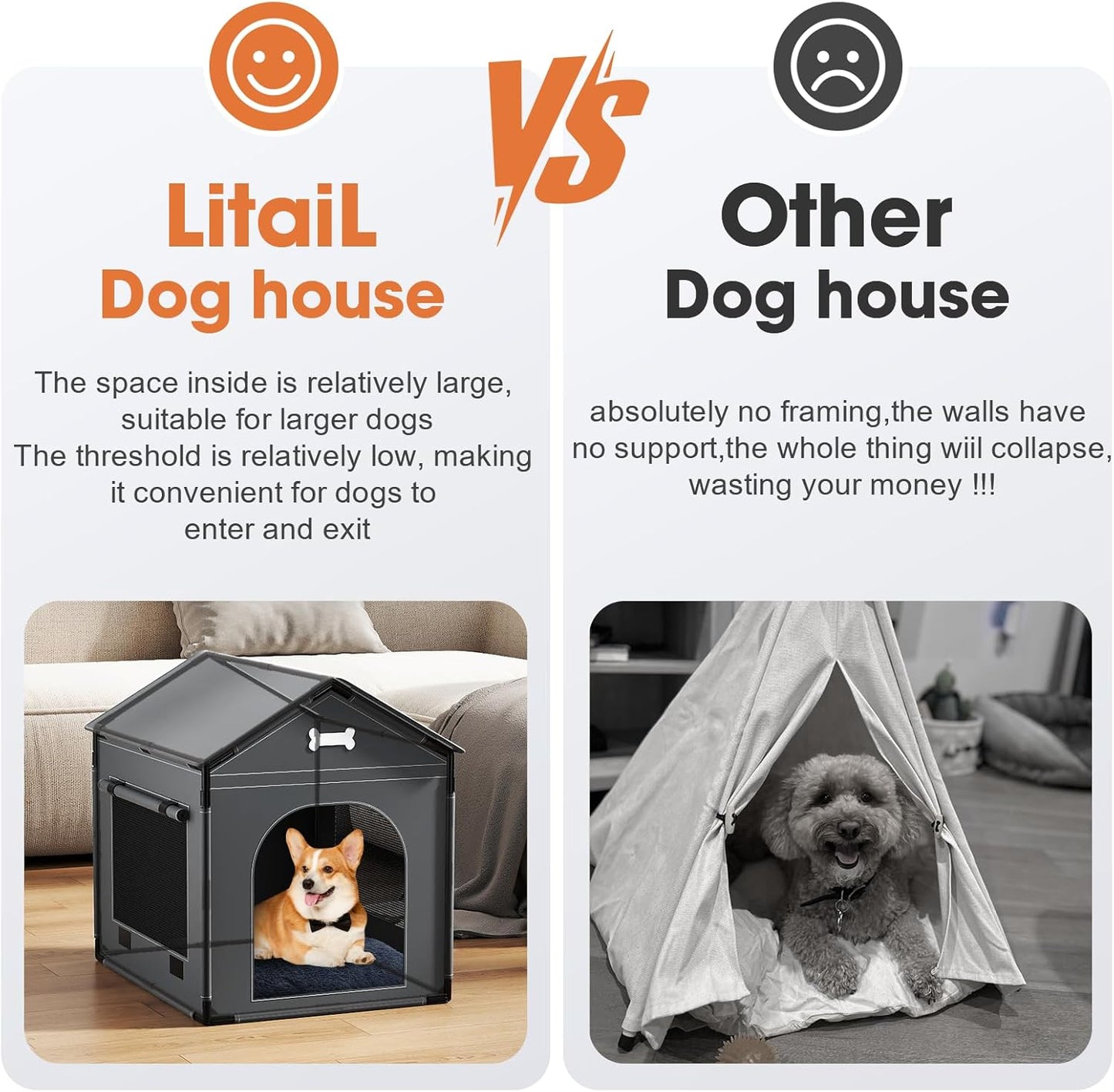 Dog House Indoor, Large Doghouse Soft with Frame, Waterproof Pet House for Medium Large Dogs with Oxford Fabric, Warm Indoor Dog House Bed with Soft Cushion, 27.56x21.26x26.77in, Dark Gray