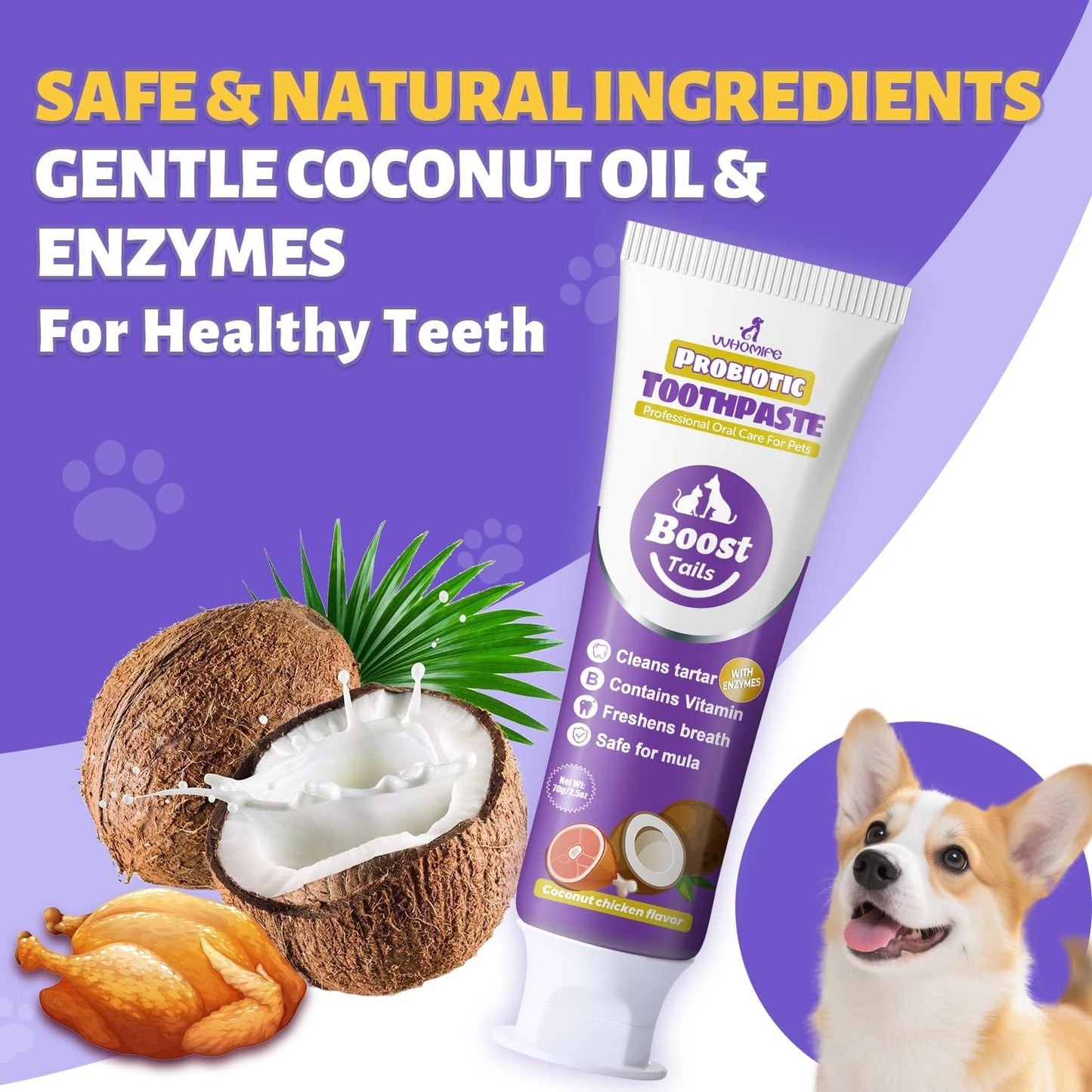 Vet Recommended Small Dog Teeth Brushing Kit - Soft Brush and Finger Brush removes 99% of Plaque, Natural Coconut Chicken-Flavored Toothpaste 2.5 oz. for Fresh Breath