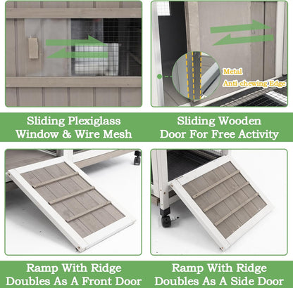 38.19"L Rabbit Hutch Indoor and Outdoor with 4 Wheels,Wooden Rabbit Cage with Pull Out Leak-Proof Tray for 1-2 Rabbits,Bunny Hutch with Asphalt Roof Suitable for Garden,Park,Living Room,Grey