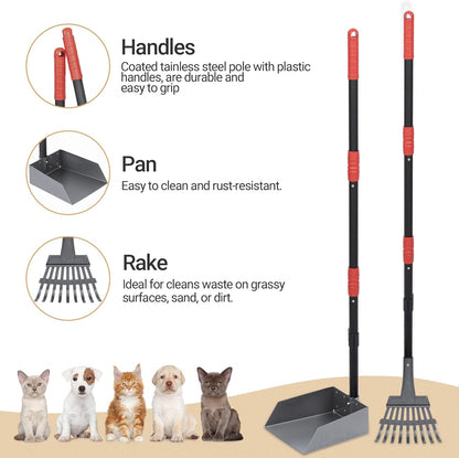 Heeyoo Dog Pooper Scooper, Dog Poop Tray and Rake Set, Pet Waste Removal Scoop with Long Adjustable Sectional Stainless Handles, 2 Pieces