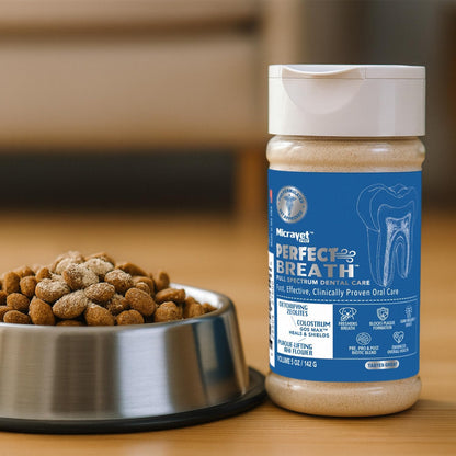 MicraVet-Perfect Breath- Dental Care Meal Topper for Dogs–Reduces Plaque & Tartar, Supports Gut Health,Natural Probiotic Oral Powder with Colostrum, Zeolites & Cranberry – Freshens Breath, 5 oz