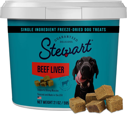 Stewart Beef Liver Dog Treats, 21 oz, ~475 Pieces, Freeze Dried Raw, Single Ingredient, 50% Protein Training Treats or Meal Topper in a Value Size Resealable Tub, Grain Free, Gluten Free