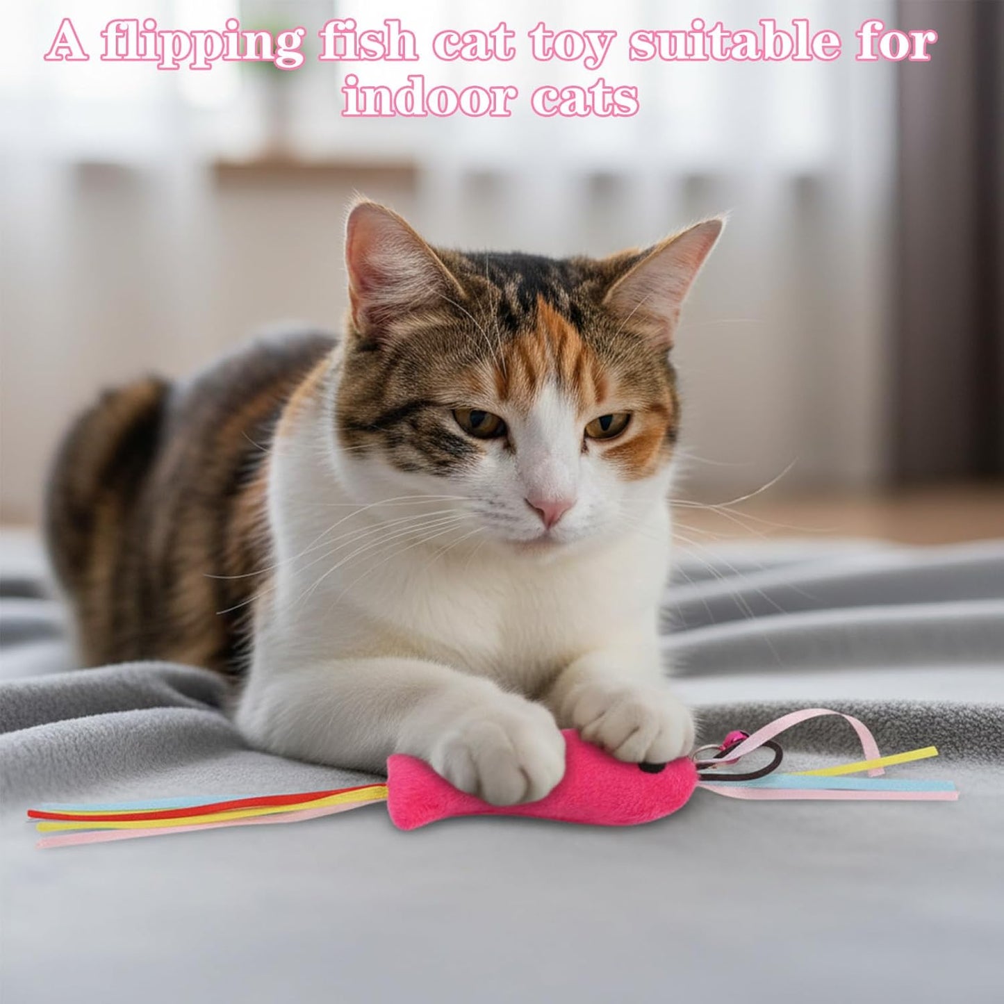 5 PCS Fish and Mice Catnip Toys Plush Filled, Cat Toys Pink Fish Catnip Toy for Cats Flopping Cats Fishs Toy Filled Soft Plush, Premium CatWandToy Accessories with Ribbons for Indoor CatKitten Play