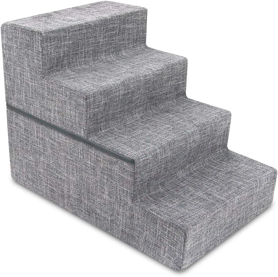 Best Pet Supplies Round Bed for Pet, 4-Step Pet Stair, Grey Linen (Foldable)