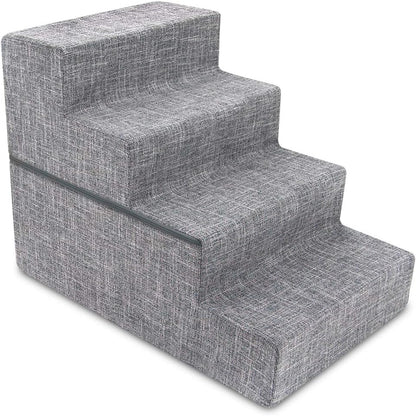 Best Pet Supplies Round Bed for Pet, 4-Step Pet Stair, Grey Linen (Foldable)