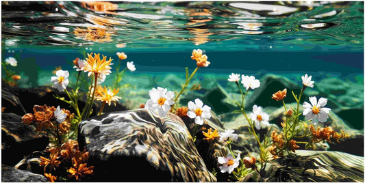Aquarium Background Poster, Fish Tank Background Sticker, 3D Flowers and Stones in Sunlight Reefs Vibrant Underwater Scenery for Stunning Aquarium Decorations 10 20 Gallon Tank (15.7" x 23.6" in)