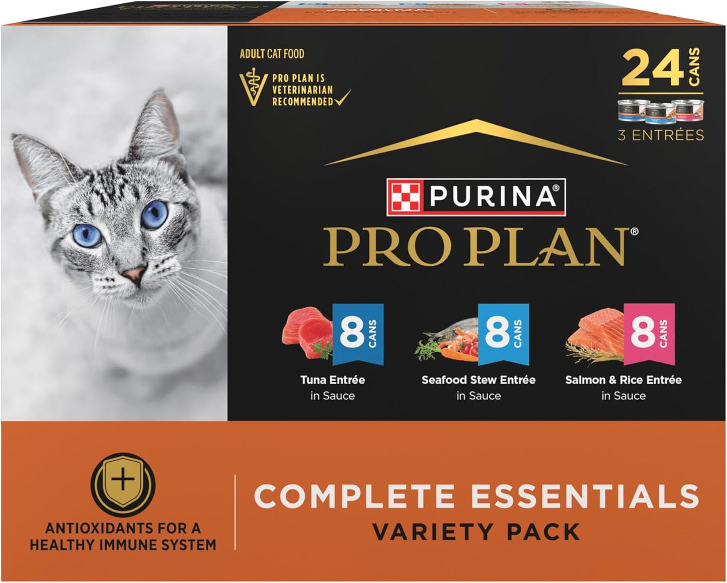 Purina Pro Plan High Protein Cat Food Complete Essentials Wet Cat Food Seafood Favorites Variety Pack 3 Ounce (Pack of 24)