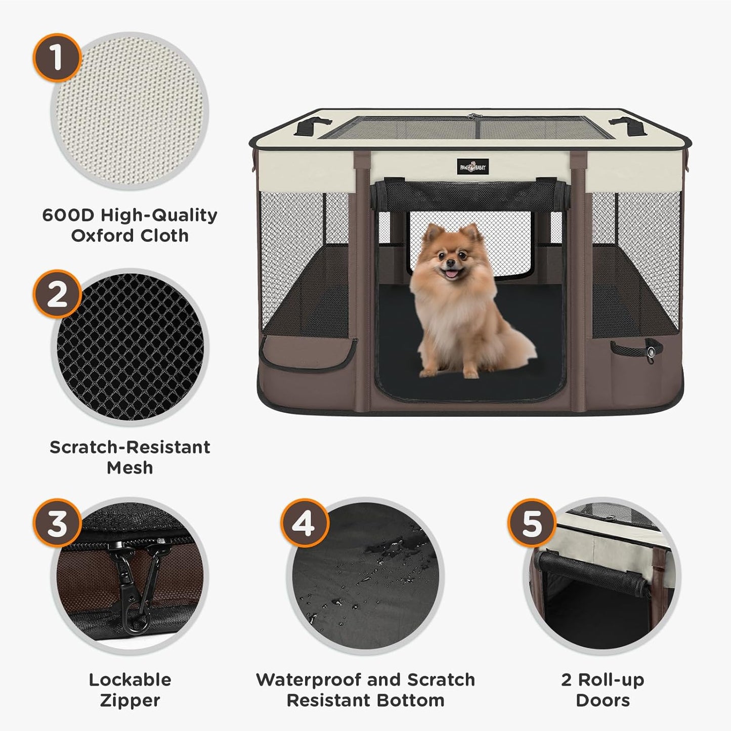 Foldable Pet Kitten Playpen, Upgrade Waterproof Portable Cat Dog Playpen Kennel Tent for Small Dog Cat, Retractable Shade Cover, Indoor Outdoor Use for Small Pet, Brown