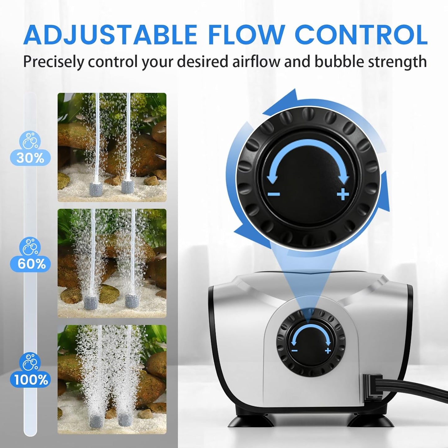 fishkeeper Quiet 3W/5W Aquarium Air Pump - Small & Powerful Dual Outlet Fish Tank Air Pump, Adjustable Oxygen Aerator Pump with Air Stone Bubbler Kits for 1-160Gal Fish Tanks (Silver-Gray, 2025 New)