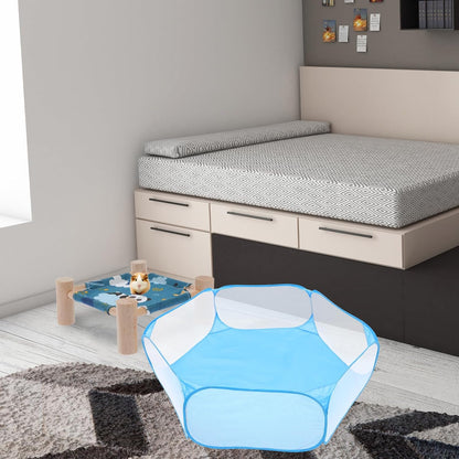 Foldable Hexagonal Pet Playpen Safety Fence with Polyester Mesh, Small Pets Exercise Pen for Indoor Outdoor Use, Portable Puppy and Kitten Pen in Blue