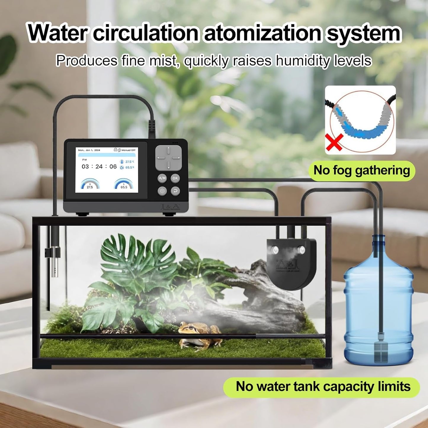 J&A Automatic Fogger for Reptile Tank, Mister for Terrariums, Humidifer with Programable Timer, Temp-Hygrometer Sensor, Ideal for Amphibians/Reptiles/Paludarium/Vivarium (Black)