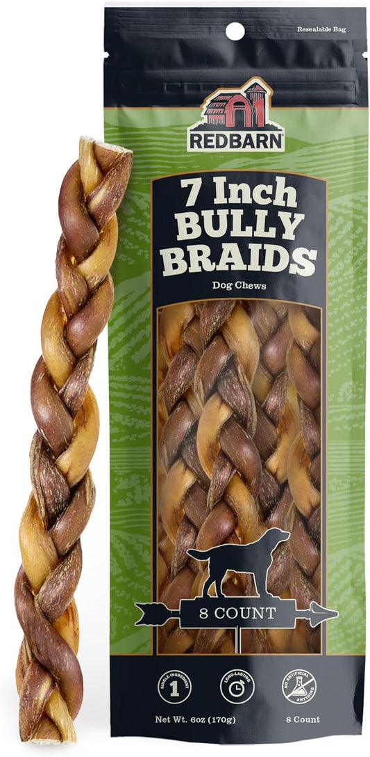 Redbarn Pet Products All-Natural 7" Braided Bully Sticks for Dogs - Premium Slow Roasted Long Lasting Chews Made with 100% Beef - Healthy Single Ingredient Low Odor - 8 Count - Packaging May Vary