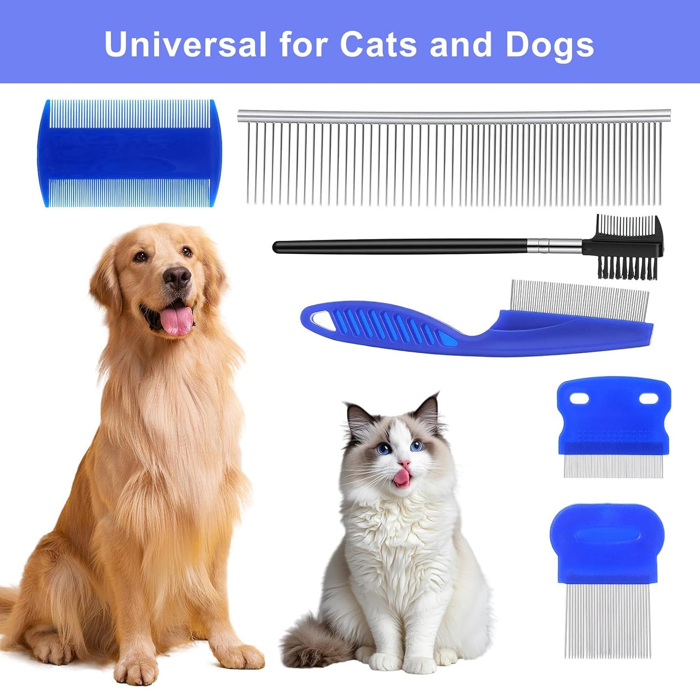 6-Pack Cat Flea Brush Flea Comb for Cats Stainless Steel Lice Comb Set Dog Brush Double-Sided Tear Stain Remover Pet Grooming Kit for All Types of Small Medium Large Pets (Blue)