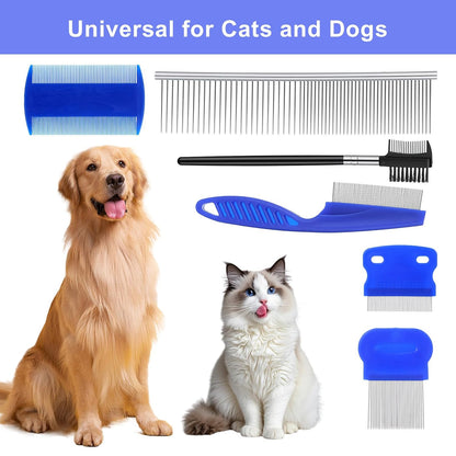 6-Pack Cat Flea Brush Flea Comb for Cats Stainless Steel Lice Comb Set Dog Brush Double-Sided Tear Stain Remover Pet Grooming Kit for All Types of Small Medium Large Pets (Blue)