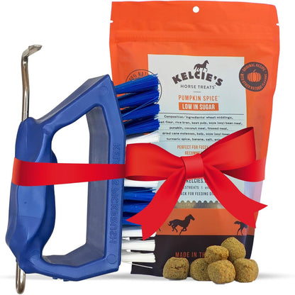 Kelcie’s Horse Care Essentials Bundle - Pumpkin Spice Horse Treats (1 lb) + Hoof Pick Brush Grooming Tool | Healthy Treats & Easy Hoof Cleaning