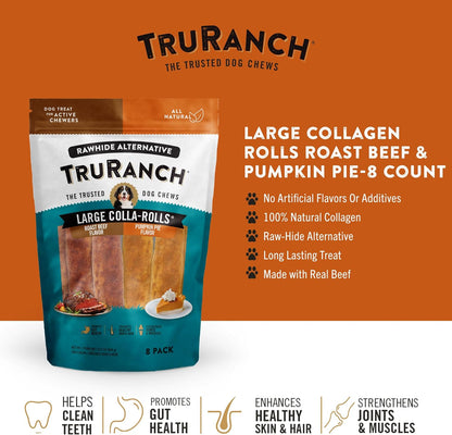 TRURANCH Large Collagen Rolls Roast Beef & Pumpkin Pie, 1 Bag, 8 Count, Holiday Limited Edition, Hydrolyzed Collagen, Rawhide Free, Healthy Limited Ingredients, for Small, Medium and Large Dogs