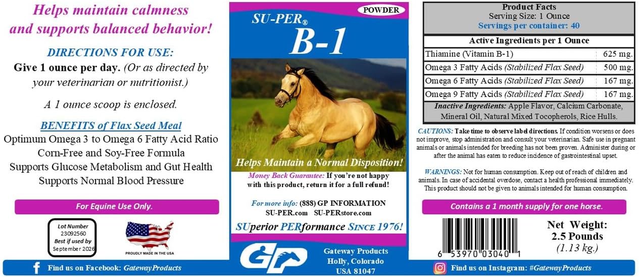 SU-PER B-1 Horse Calming Supplement - Equine Vitamin B-1 Support Horse Calmer Powder - Appetite Booster Supplement for Horses - 2.5 Pounds, (2 Pack)