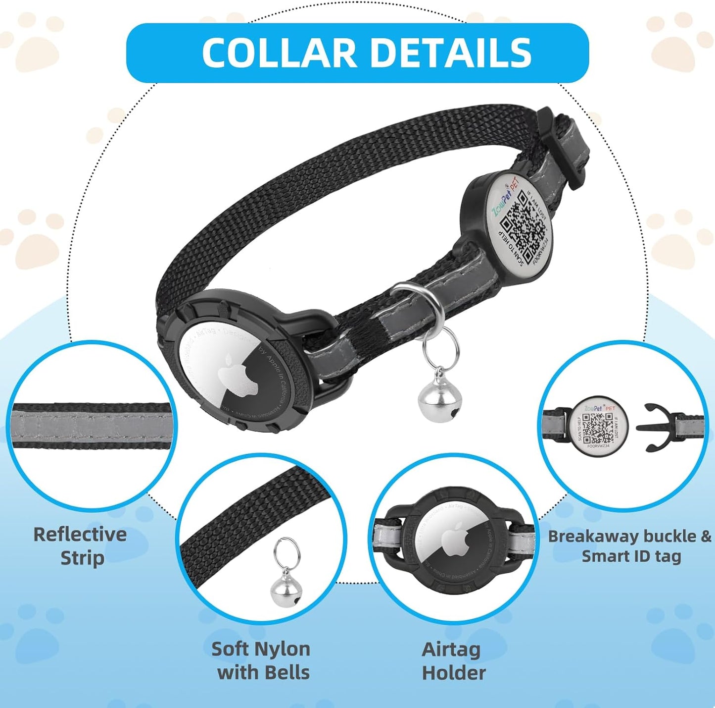 Airtag Cat Collar Breakaway with QR Code Name Tag, Reflective cat Collar airtag Holder with Bell, Cat ID Tag Personalized, Ultra-Durable, Adjustable, Quick Release, Fits Small Large Cats, Black