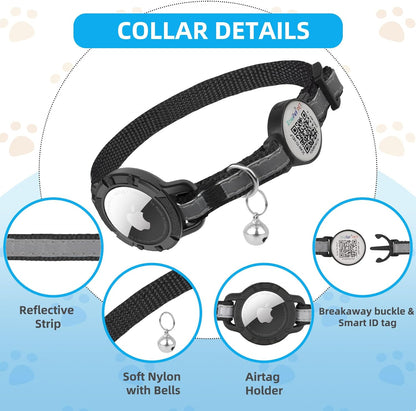 Airtag Cat Collar Breakaway with QR Code Name Tag, Reflective cat Collar airtag Holder with Bell, Cat ID Tag Personalized, Ultra-Durable, Adjustable, Quick Release, Fits Small Large Cats, Black