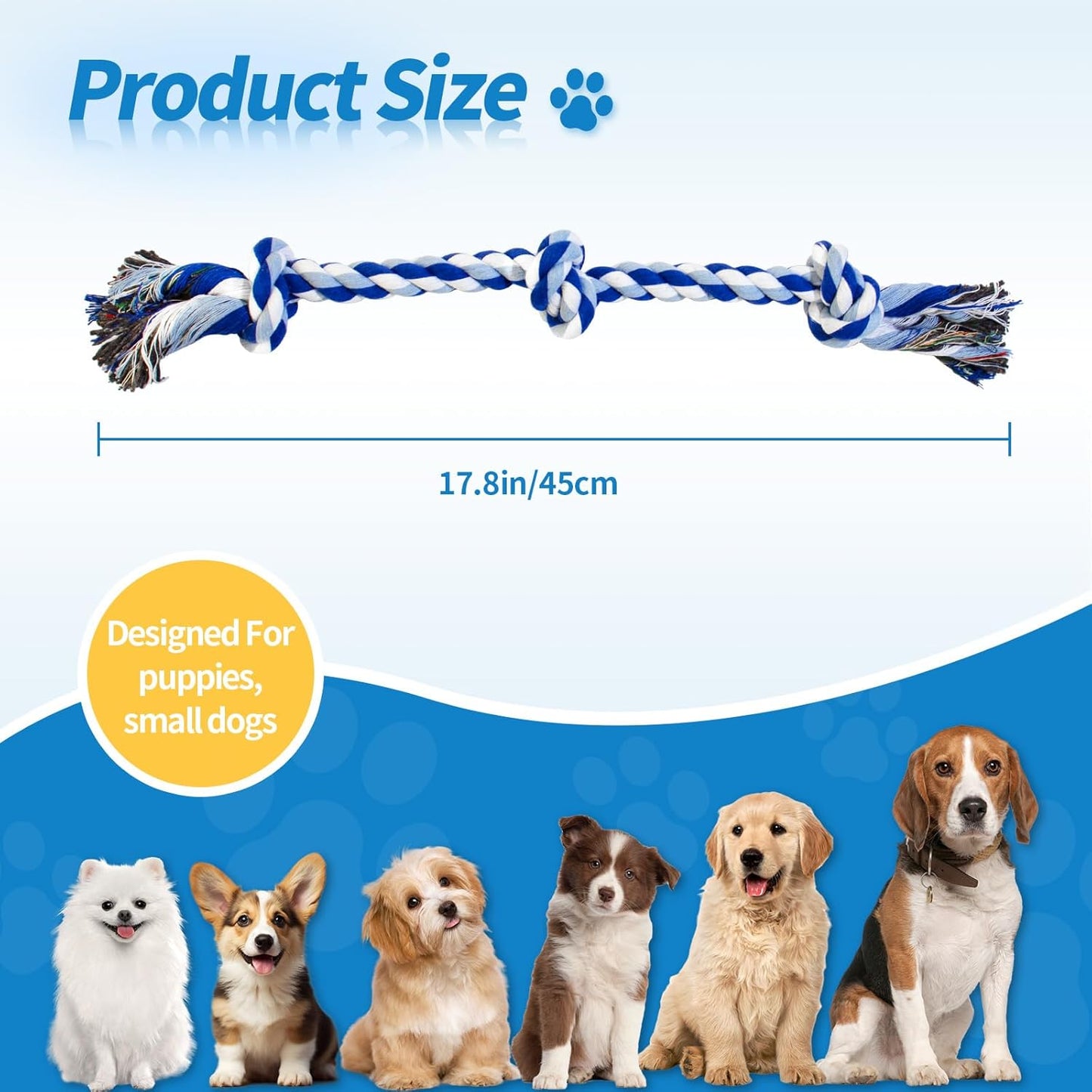 [2 Pack] Dog Rope Toys, Dog Chew Toy for Medium and Small Dogs, 3 Knots Heavy Duty Puppy Rope Toy, 100% Cotton Tug of War Dog Toys for Boredom, Teeth Cleaning