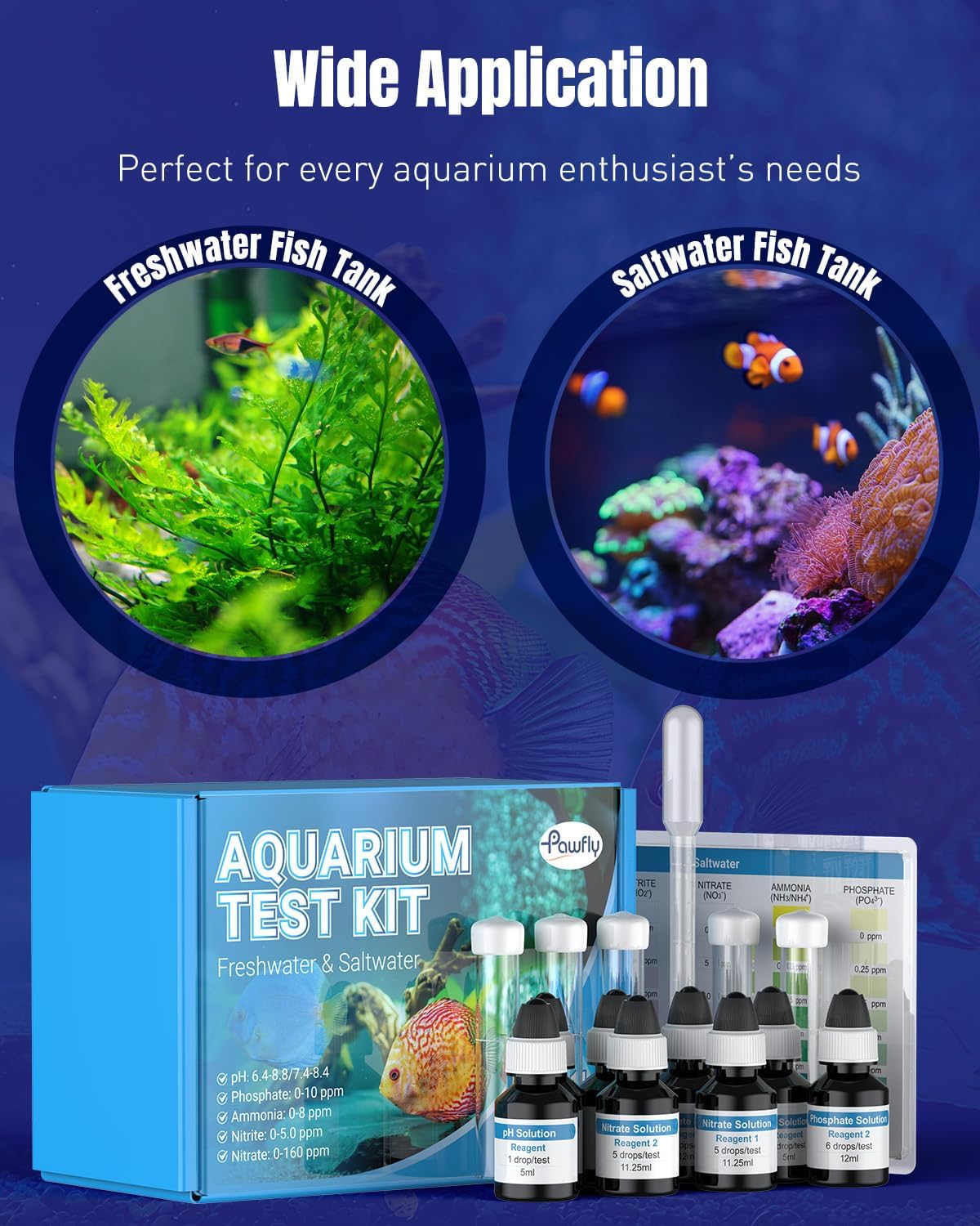 Pawfly 5 in 1 Aquarium Water Master Test Kit, Aquarium Water Test Kit Fish Tank Water Testing Kit for pH Nitrite Nitrate Ammonia & Phosphate, Aquarium Test Kit for Freshwater & Saltwater Fish Tanks