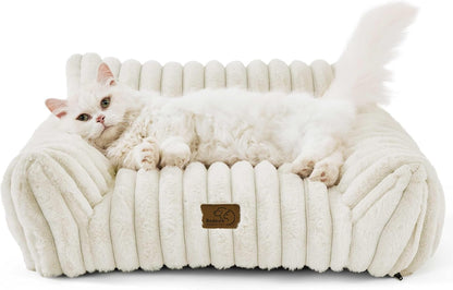 Bedsure Cute Cat Couch for Pets - Fluffy Cat beds with Premium Soft Corduroy Fleece, Fuzzy Cats beds for Indoor Cats with Removable Washable Cover, Supportive Pet Sofa, 24inch, Cream